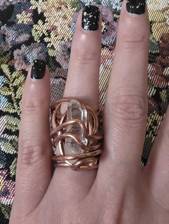 Jewelry - Handcrafted Handwrapped Copper Wire Wrapped Ring with Clear Quartz Crystal